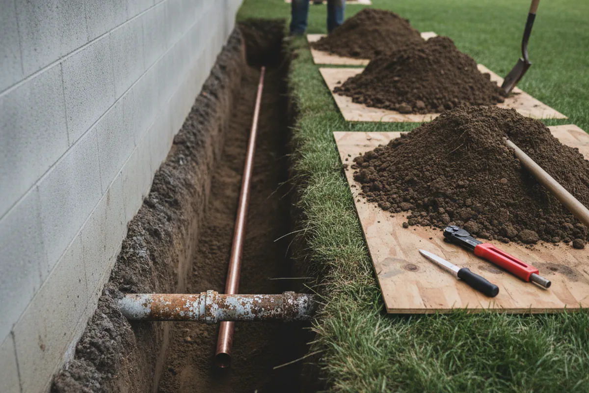 Excavated water line trench during Sewer Line Repair in Arcadia